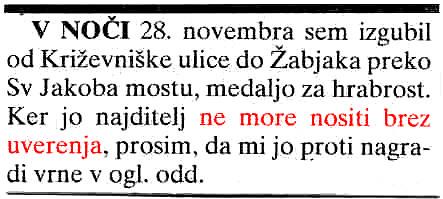 Oglas v Slovenskem poročevalcu kmalu po 2. svetovni vojni, v času ko so bile novembrske proslave še v polnem zanosu